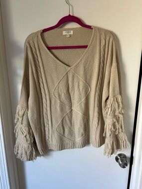 Umgee Cream Fringe Diamond Cable V-Neck Sweater